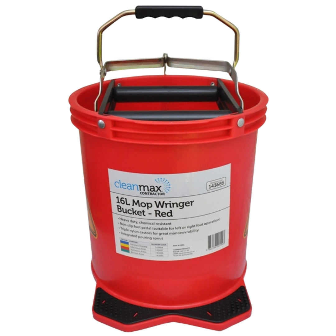 Cleanmax Mop Wringer Bucket Contractor 16L Each - Blue, Green, Red, Yellow