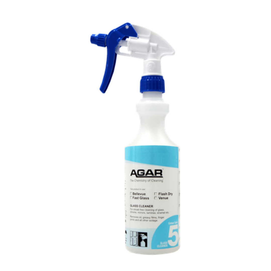 A white spray bottle of AGAR glass cleaner with a blue trigger sprayer and a light blue and white label, shown on a plain white background.