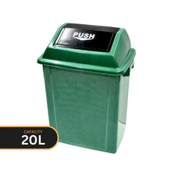 A 20L green plastic push-top trash can with a black lid panel featuring the word 'PUSH' in white. A black graphic overlay in the bottom-left corner reads 'CAPACITY 20L'.