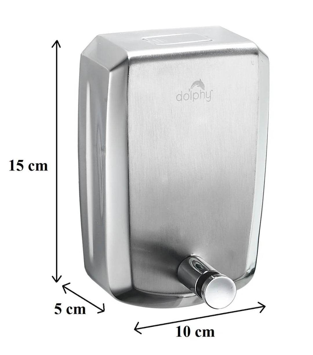 Silver soap dispenser with dimensions labeled on a white background