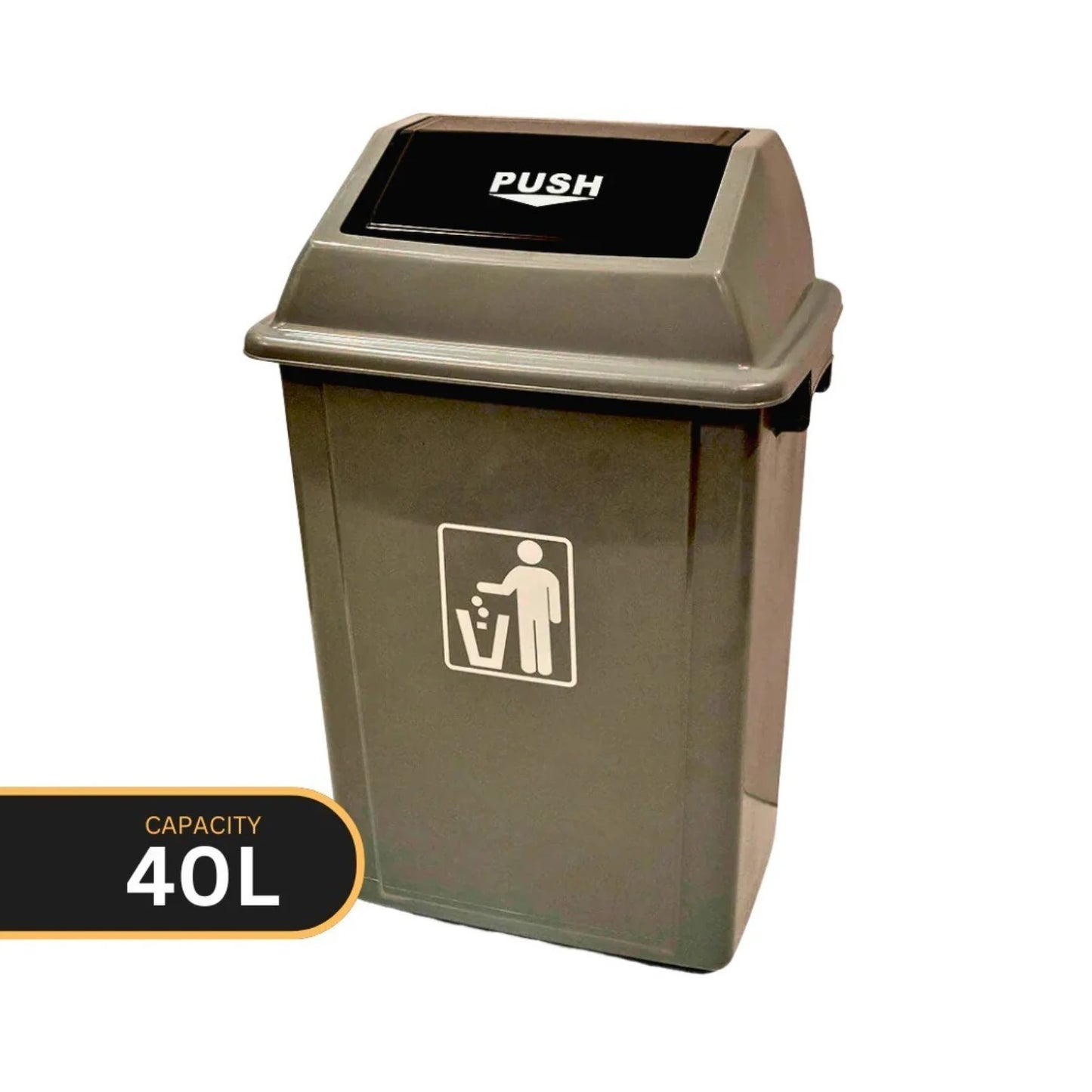 A 40L plastic trash can with a dark gray body and lid, featuring a black push-top lid with white text and a white icon on the front. A black capacity label reading 'CAPACITY 40L' is shown in the bottom-left corner against a plain white background.