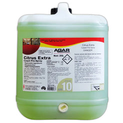 A 20L white plastic jerrycan of AGAR Citrus Extra Carpet Pre-Spray liquid cleaner, filled with light green liquid, featuring a detailed product label and a black cap.