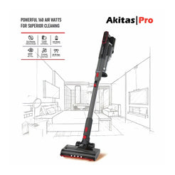 A cordless stick vacuum cleaner shown upright on a white background, with a faint room sketch behind it and marketing text reading 'POWERFUL 160 AIR WATTS FOR SUPERIOR CLEANING' and 'Akitas Pro'.