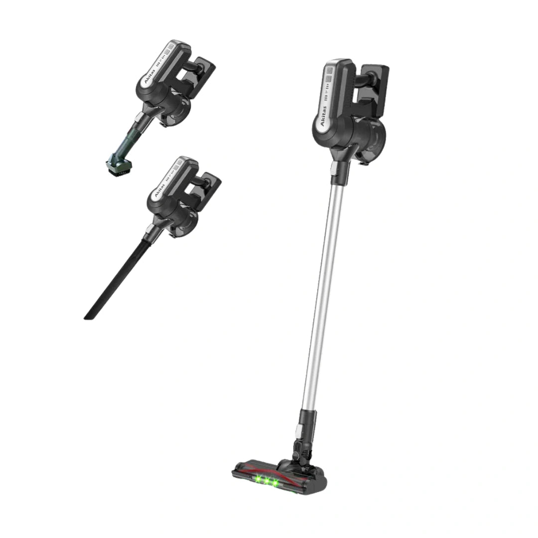 A cordless stick vacuum cleaner shown in two configurations on a plain white background: one with a floor head and one with a leaf blower attachment.