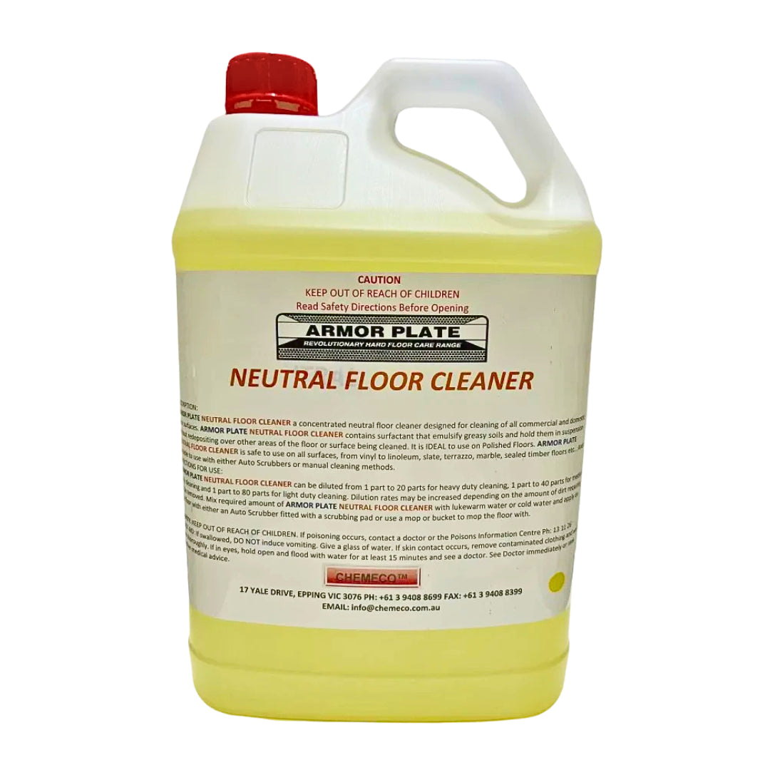 A one-gallon plastic jug of Armor Plate Neutral Floor Cleaner with a red cap and a white label, shown on a plain white background.