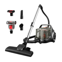 A cordless stick vacuum cleaner with a transparent dust bin, black and silver handle, and multiple attachment heads shown on a plain white background.