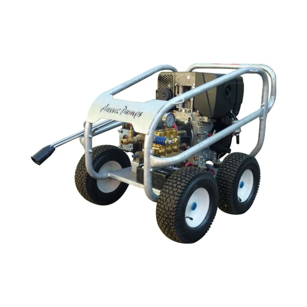 A high-pressure water washer with a silver tubular frame, black tires, and a visible engine, featuring the brand name 'Classic Pump' on the side panel, isolated on a white background.