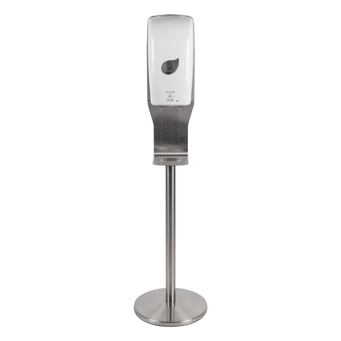 A modern countertop hand sanitizer dispenser with a brushed stainless steel base and a white top housing a dark leaf-shaped cutout, shown on a plain white background.