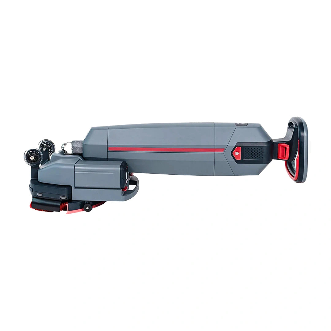 A gray and black handheld tool with red accent lines and details, shown from a side profile view on a plain white background.