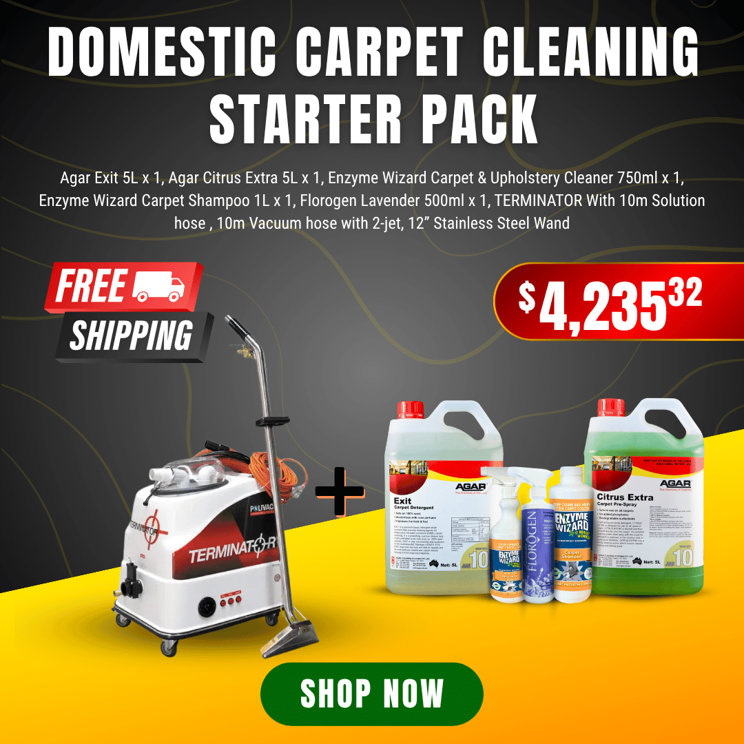 Domestic Carpet Cleaning Starter Pack with a TERMINATOR machine, Agar chemicals, and free shipping.