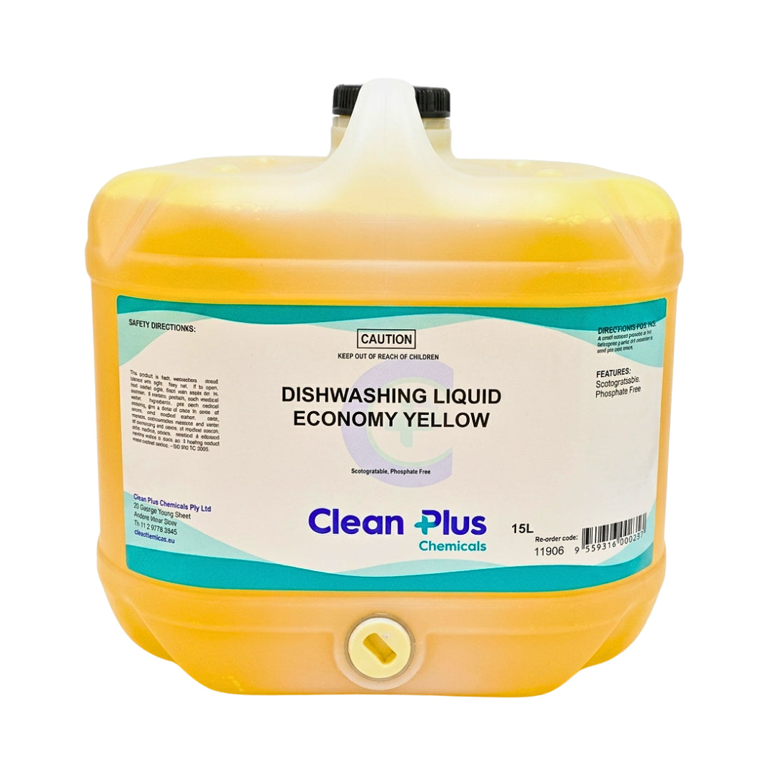 A 15L plastic jug of Clean Plus Chemicals Dishwashing Liquid in Economy Yellow, featuring a white label with teal accents and a yellow cap on a white background.
