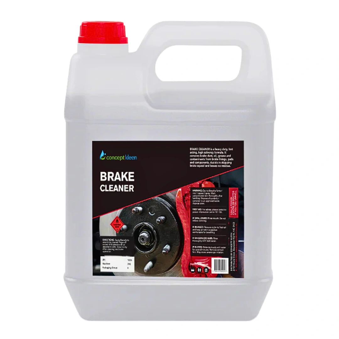 A 5-liter translucent plastic jug of Concept Ideen Brake Cleaner with a red cap and a black label, shown on a plain white background.