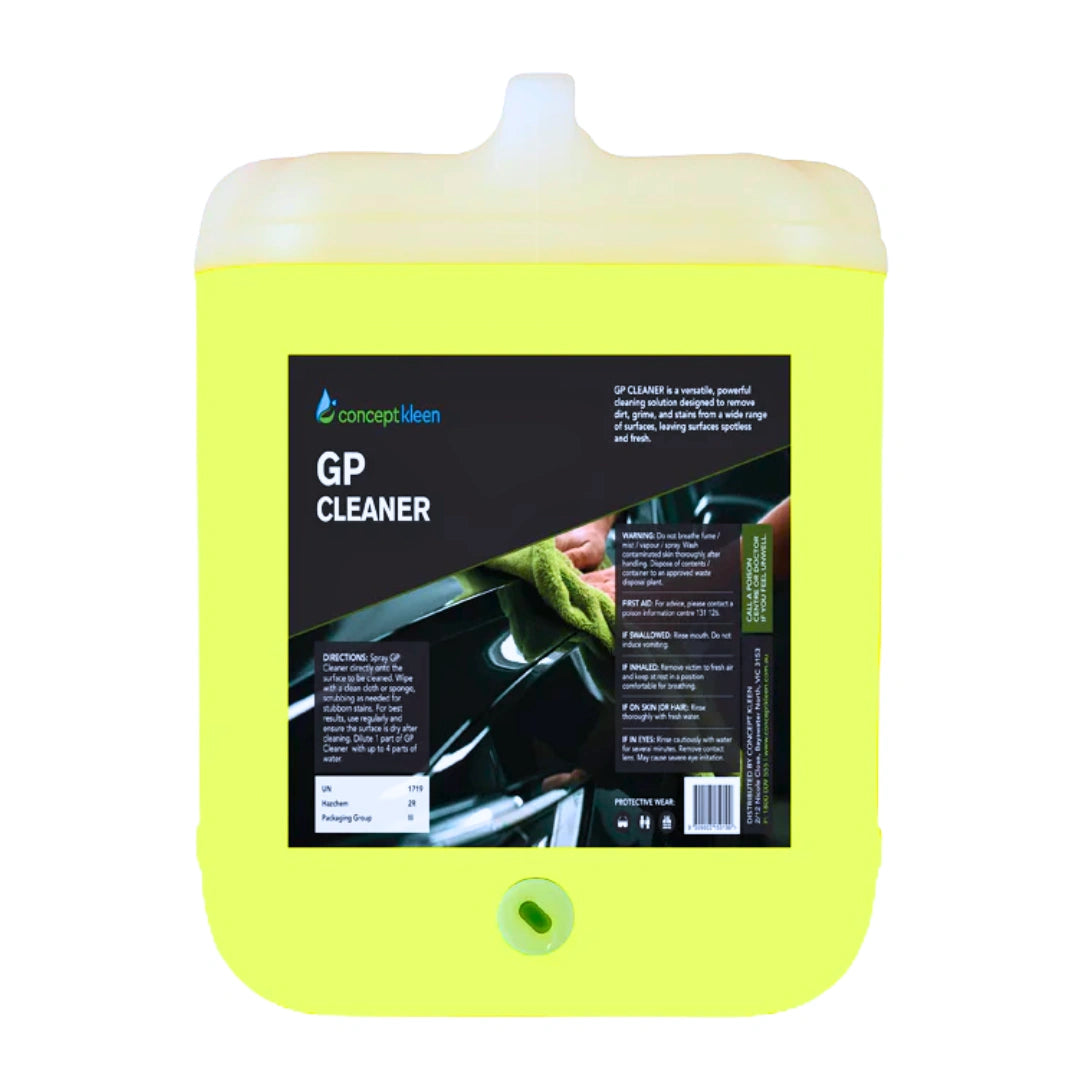 A large plastic jug of Concept Klein GP Cleaner in a bright neon yellow-green color, featuring a black label with product details and a white spout cap on a white background.