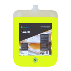 A large translucent plastic canister of Concept Clean G-Wash in a bright neon yellow-green color, featuring a black and white product label on the front.