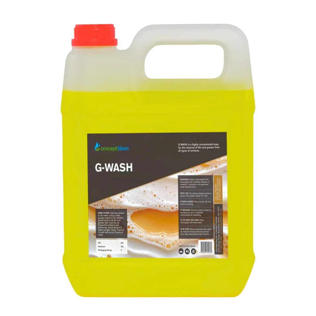 A 20-liter plastic jerrycan of ConceptClean G-Wash cleaning agent, filled with a bright yellow liquid and featuring a red cap, set against a plain white background.