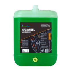 A green plastic canister of Conceptkleen Mag Wheel Acid Cleaner with a black label and a small yellow cap, isolated on a white background.