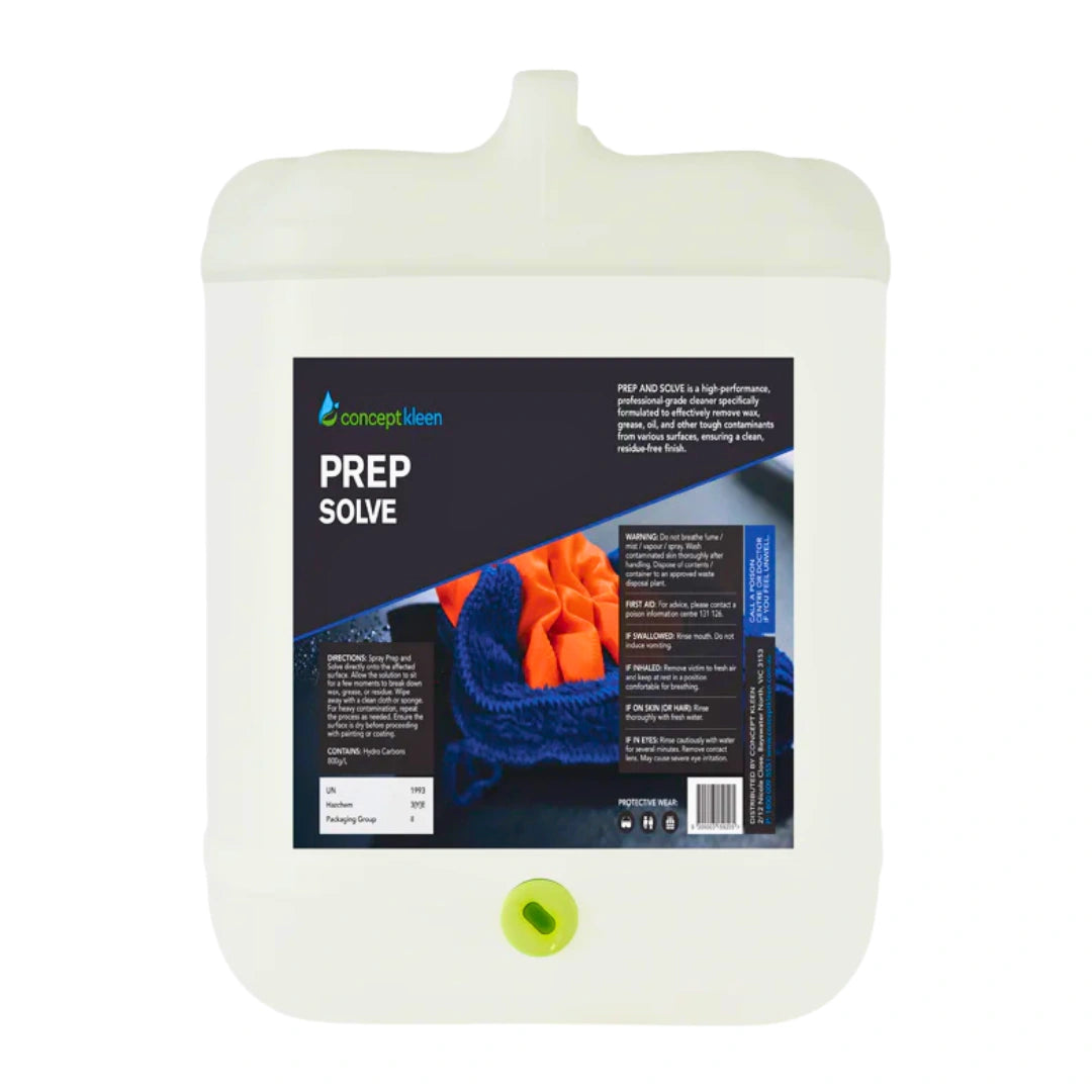 A large white plastic jerrycan of Concept Klean Prep Solve cleaning solution, featuring a black label with product details and a lime green cap at the bottom.