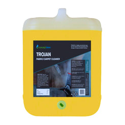 A large yellow plastic canister of Concept Clean Trojan Fabric/Carpet Cleaner with a black and blue label, isolated on a white background.