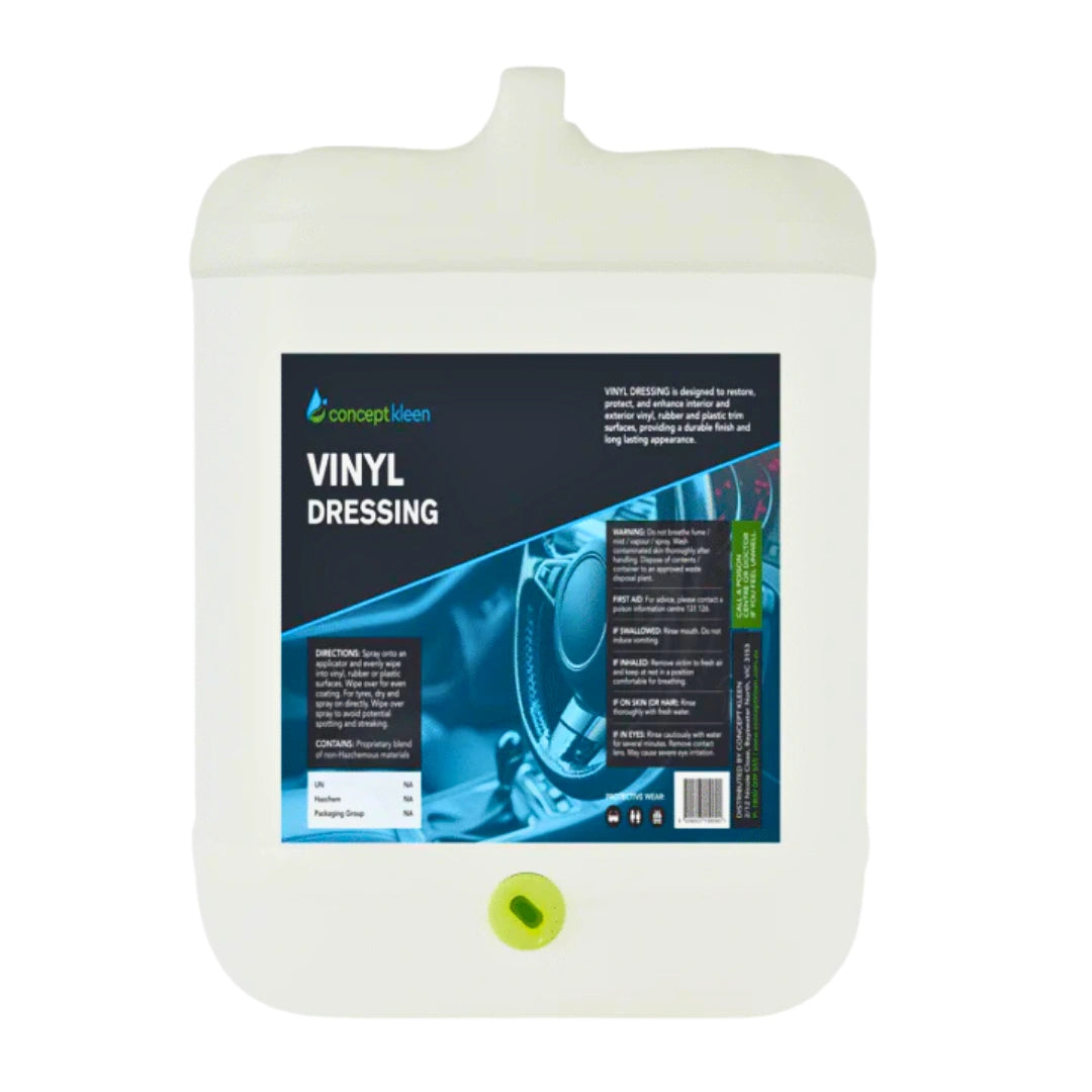 A large white plastic jerrycan of Concept 17 Vinyl Dressing with a black and blue label, shown against a plain white background.