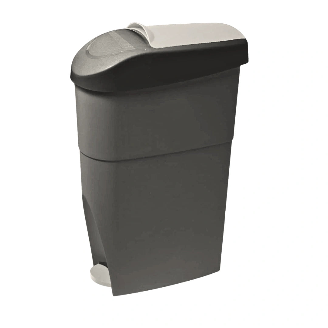 A dark gray plastic bin with a black lid and a white foot pedal, shown on a plain white background.