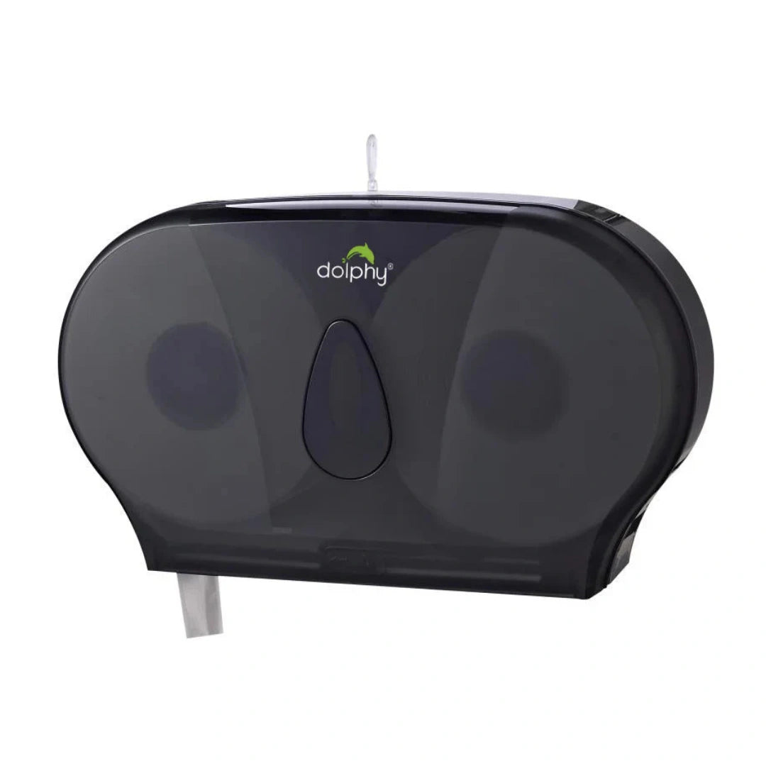 A black wall-mounted dispenser with a transparent top cover and the 'dolphy' brand logo printed on the front, shown against a plain white background.