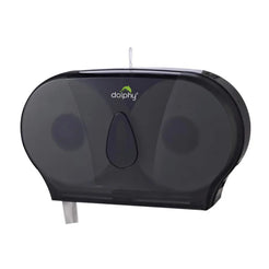 A black wall-mounted dispenser with a transparent top cover and the 'dolphy' brand logo printed on the front, shown against a plain white background.