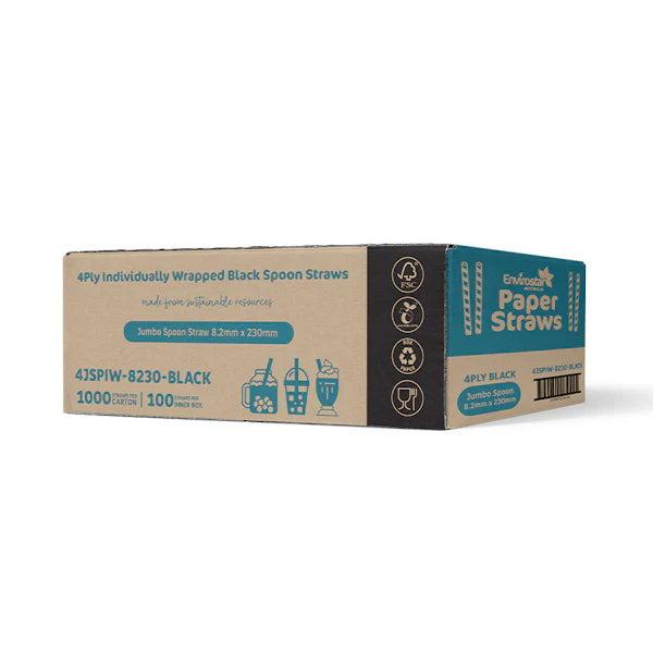 Envirostar Paper Spoon Straw I/Wrapped Black 4 Ply