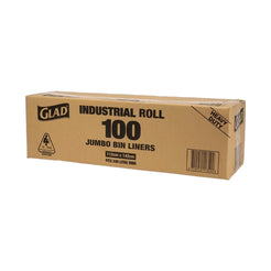 A brown cardboard box of Glad Industrial Roll Jumbo Bin Liners, 100 count, 120mm x 240mm, on a plain white background.