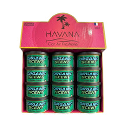 A retail display box of HAVANA Organic Scent Car Air Freshener, containing twelve individual green metal cans arranged in a 3x4 grid under a pink and gold header card.