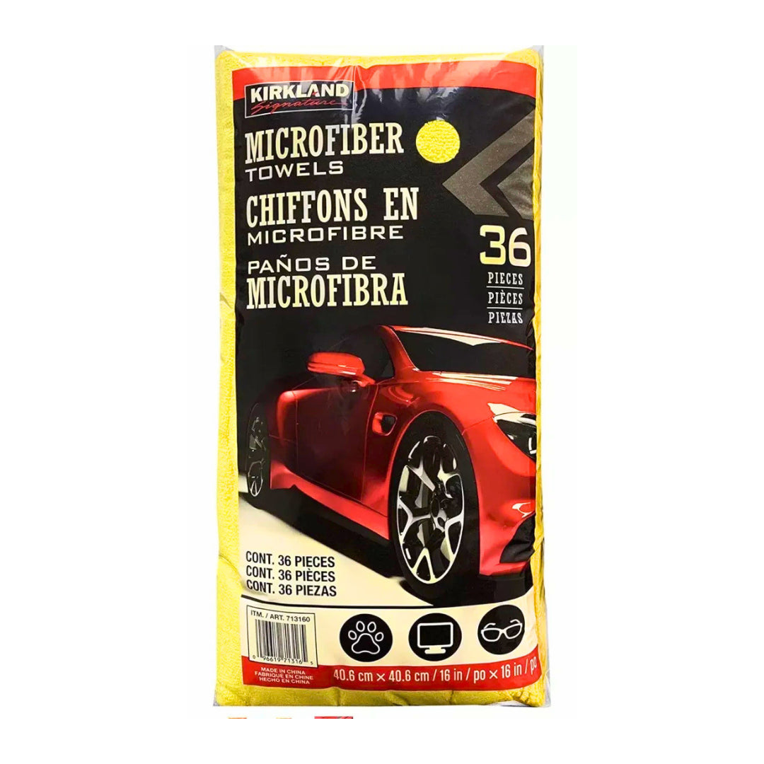 A package of Kirkland Signature Microfiber Towels, featuring a black and red design with a graphic of a red sports car and text indicating it contains 36 pieces.