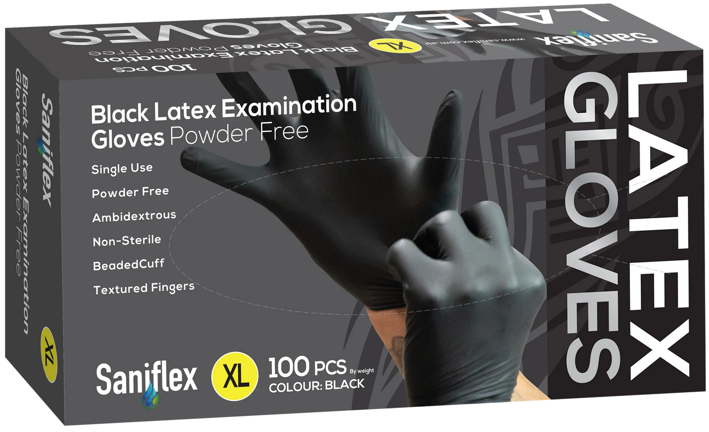 Saniflex Black Latex Examination Gloves, Powder Free, 100 Pack