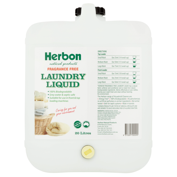 Herbon Laundry Liquid Fragrance Free 1.25 Lt, 2Lt & 20Lt