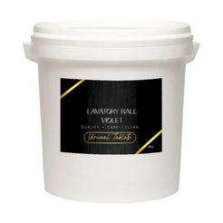 A white plastic bucket of Lavatory Ball Violet Urinal Tablets, featuring a black label with gold accents and white text.