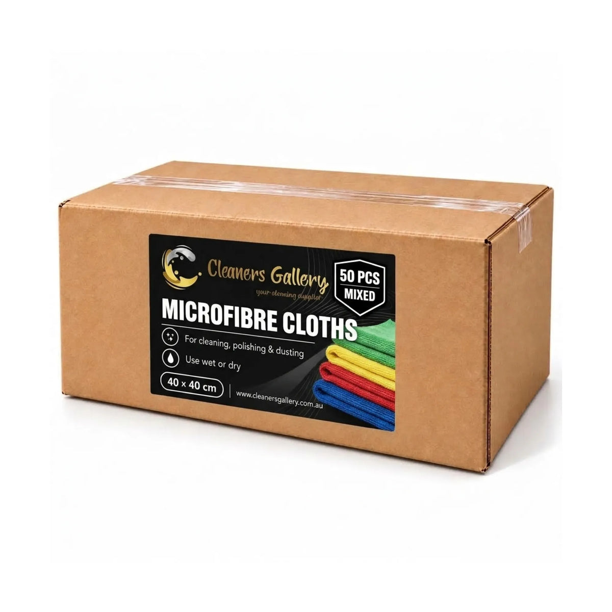 A brown cardboard box of Cleaners Gallery Microfibre Cloths, 50 pieces mixed color, with a black label showing the brand and product details.