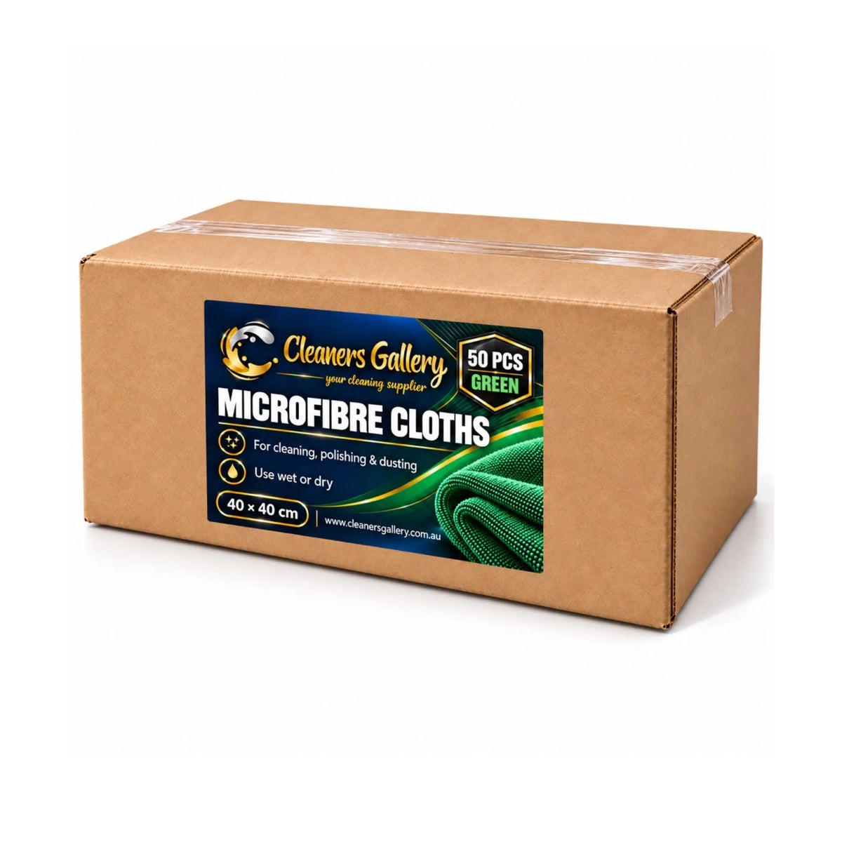 A brown cardboard box of Microfibre Cloths by Cleaners Gallery, sealed with clear tape, on a white background.