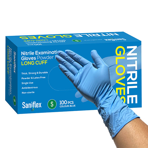 Saniflex Nitrile Glove Long Cuff Blue Small, Box 100