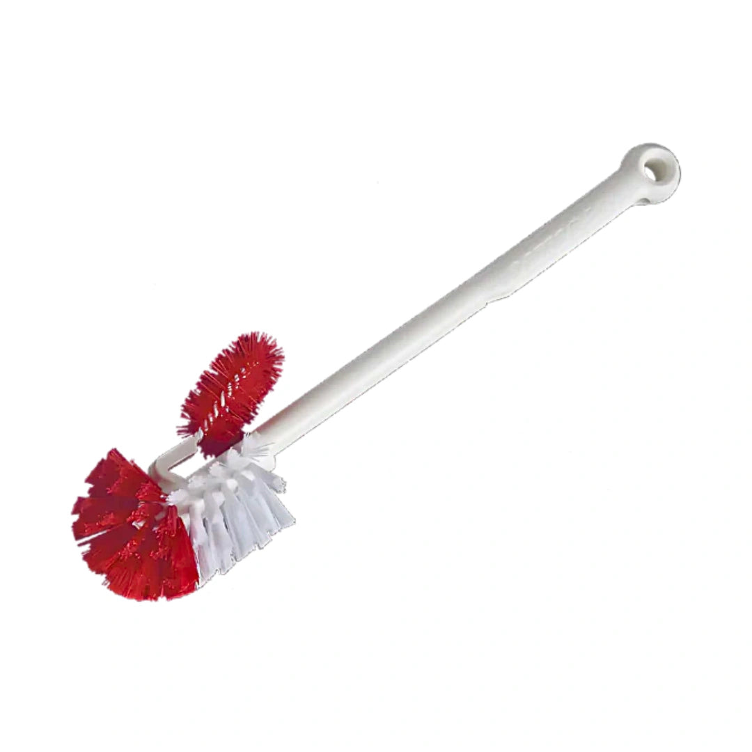 A toilet brush with a white plastic handle and dual bristle heads, one red and one white, shown on a plain white background.