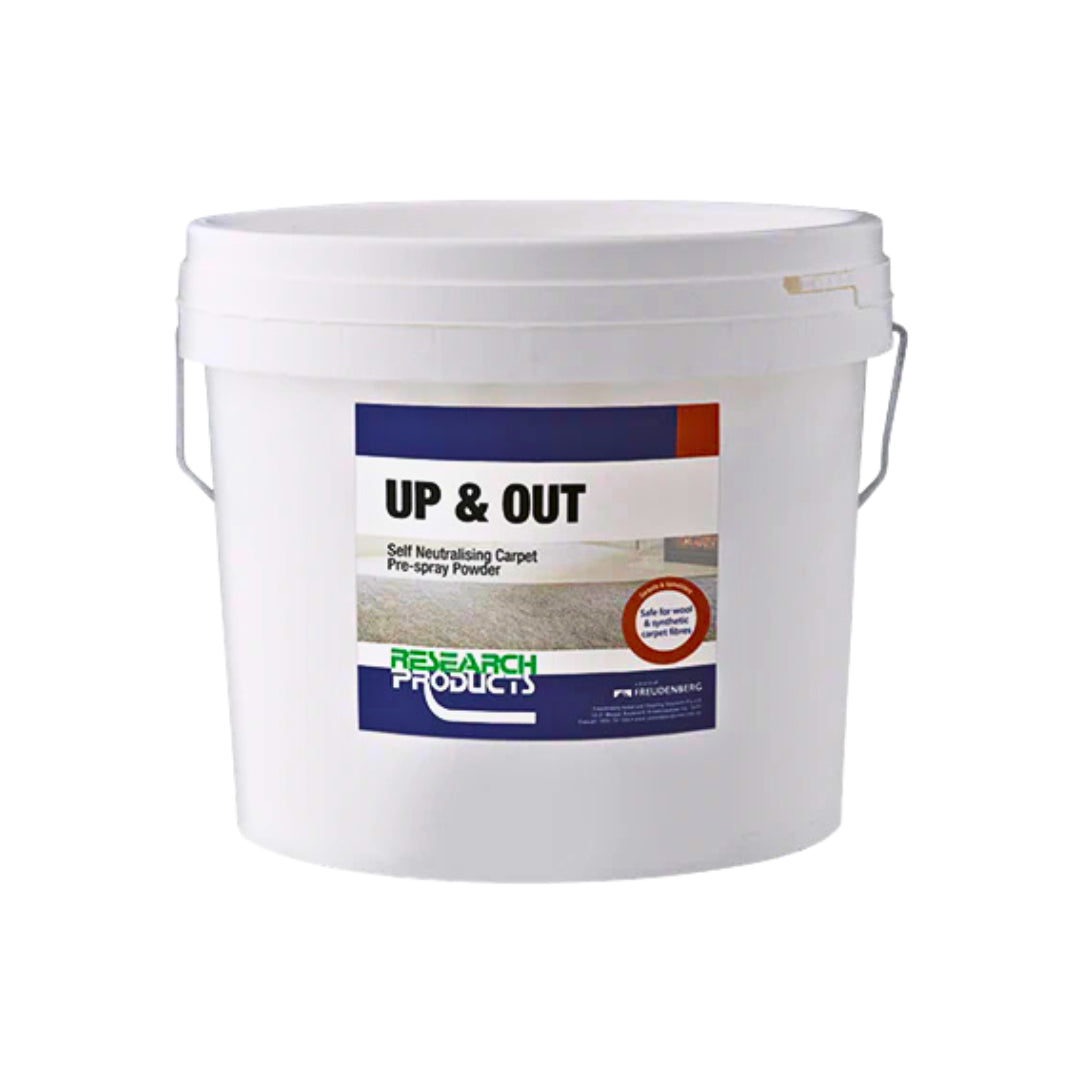 A white plastic bucket of Research Products UP & OUT Self Neutralising Carpet Pre-spray Powder, featuring a blue and white label with product details.
