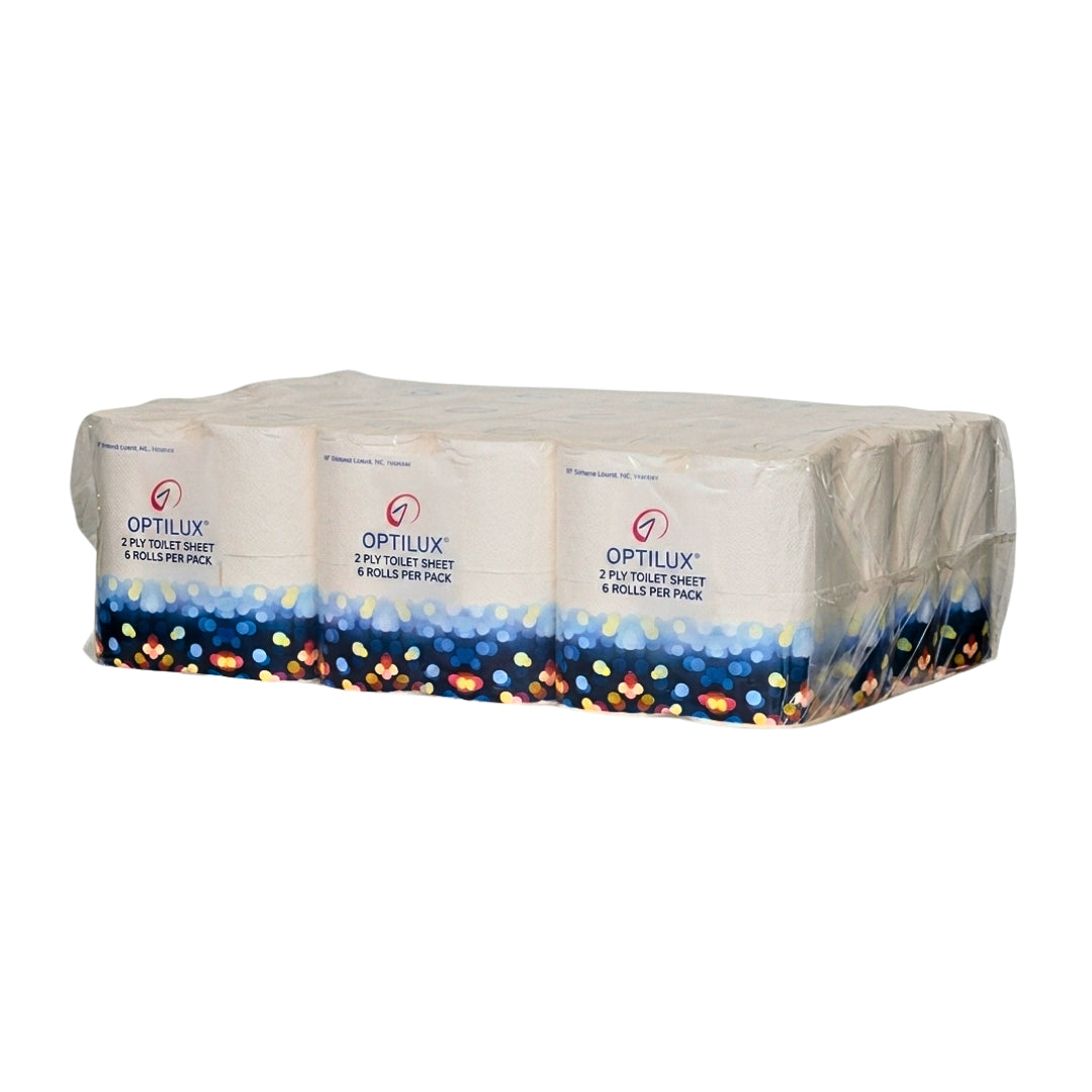 A shrink-wrapped bulk pack of OptiLUX 2-count toilet paper rolls, showing three individual rolls at the front with the brand name and logo visible against a plain white background.