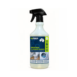 A PH FORCE Industrial & Laundry Bleach spray bottle with a black trigger sprayer and a white translucent bottle, featuring a blue and green label with product details and usage images.