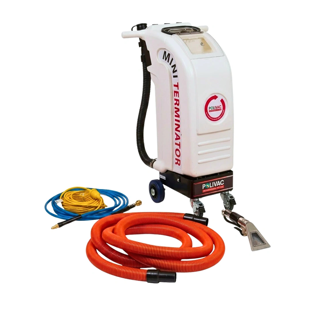A white Minivac Mini Terminator carpet cleaner with a black hose, orange and blue hoses, and a metal attachment, shown on a white background.