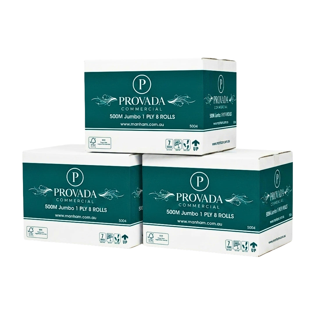 Three stacked boxes of Provada Commercial 500M Jumbo 1 Ply 8 Rolls on a plain white background.