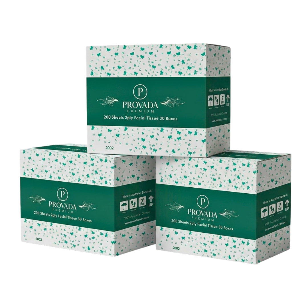 Three boxes of Provada Premium 200 Sheets Jingly Facial Tissue stacked together on a white background.