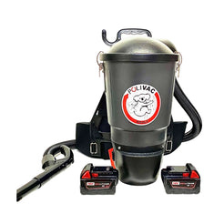 A POLIVAC 20V cordless vacuum cleaner backpack system with two battery packs, shown on a plain white background. The backpack unit is dark gray with a black shoulder strap and hose, featuring the POLIVAC logo on the front.