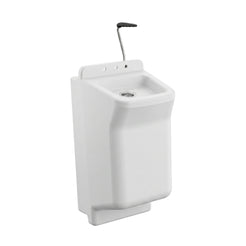 A white wall-mounted pedestal sink with a chrome gooseneck faucet and a black lever handle, shown against a plain white background.