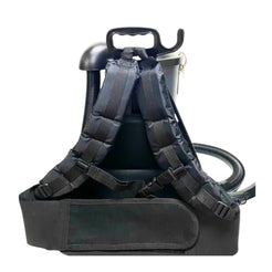 Black tactical backpack pump with shoulder straps, handle, and hose, shown from the back on a white background.