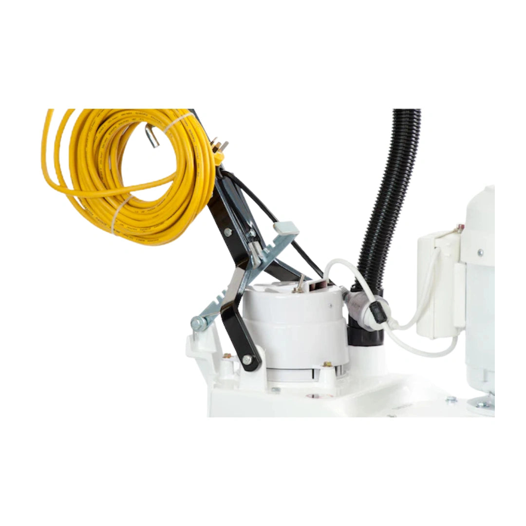 A close-up of a mechanical arm or attachment with a coiled yellow cable, black corrugated hose, white motor housing, and metal linkage components on a white background.