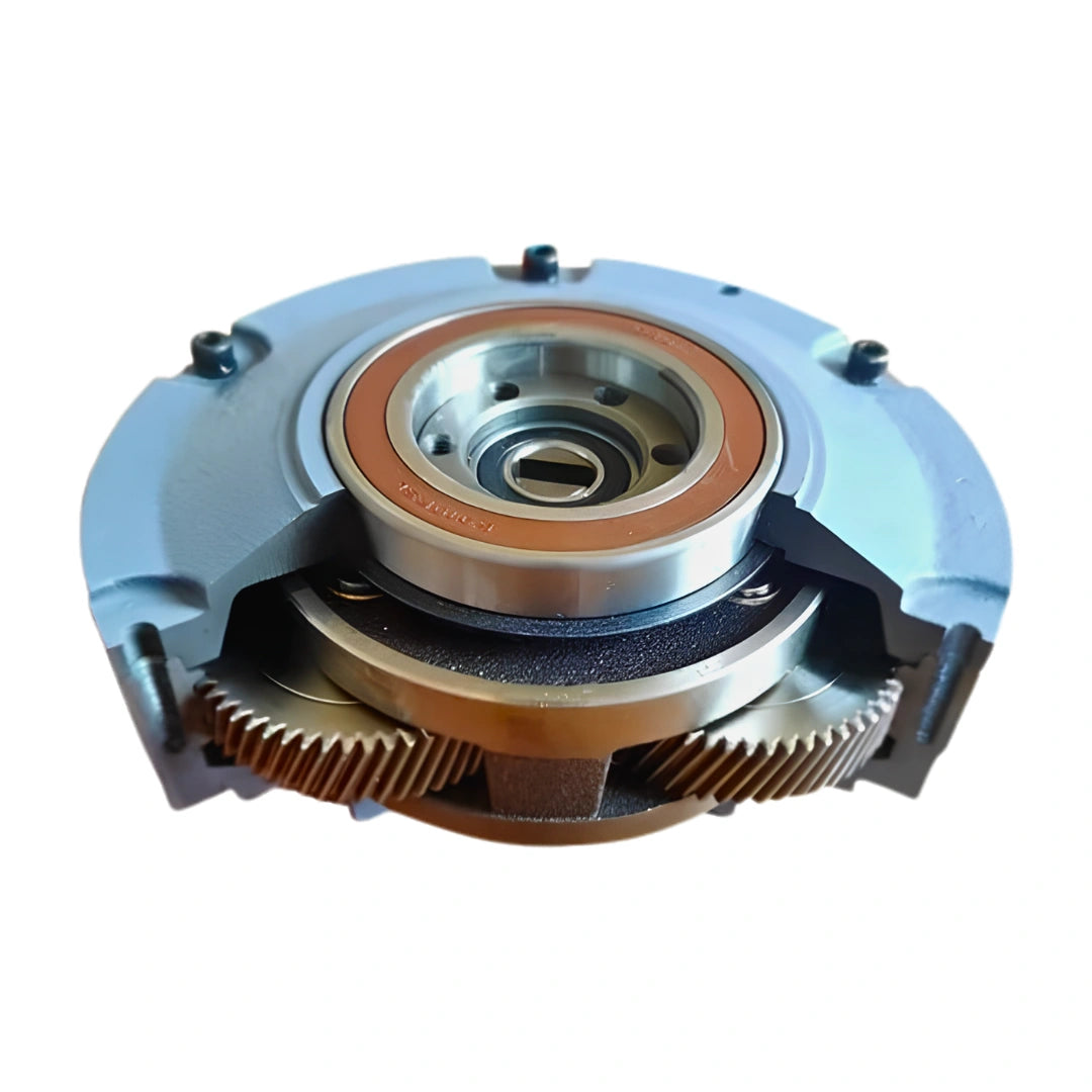 A heavy-duty metal mechanical component, likely a clutch plate or gear housing assembly, featuring a central bearing, splined gears, and a metallic blue-gray outer casing, isolated on a white background.