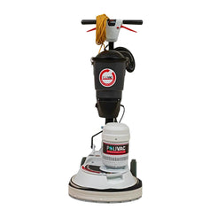 A Polivac floor buffer and polish machine with a black and white body, featuring a yellow coiled cord on the handle and a circular Polivac logo on the main housing, set against a plain white background.