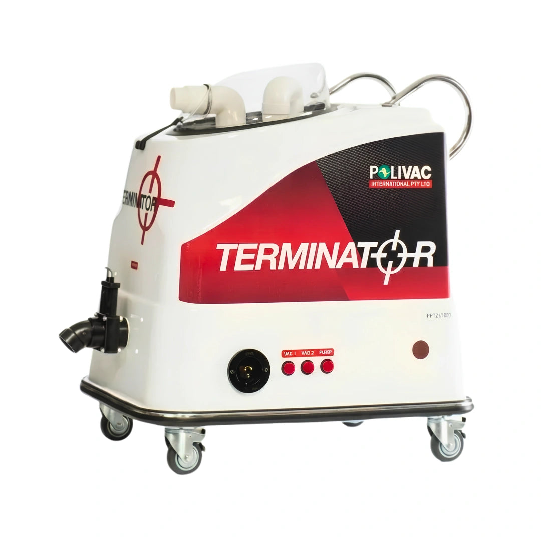 A white and black Livac Terminator professional spray system on wheels, featuring a red and black front label with the brand name and product model.